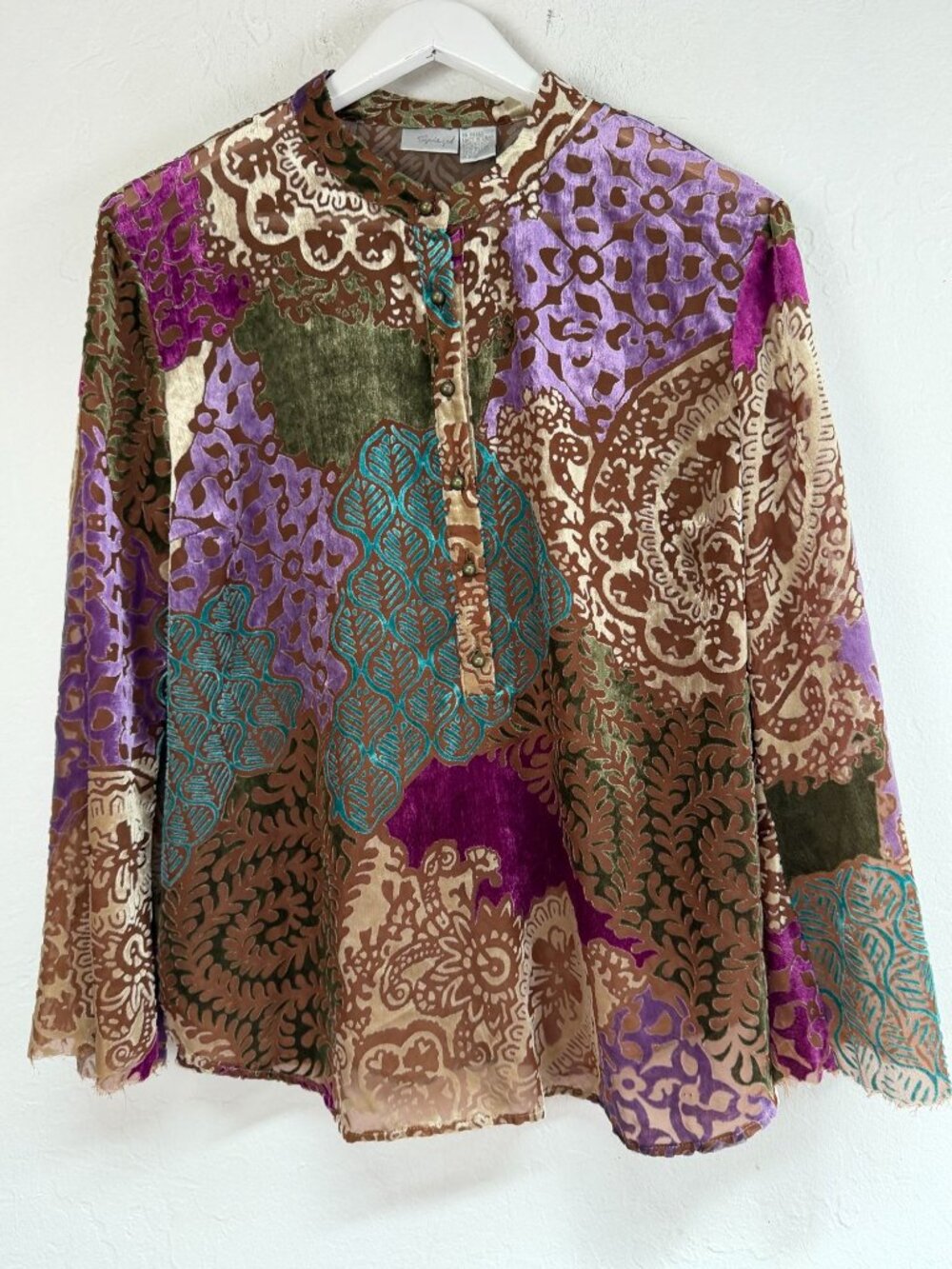 VTG Spiegel Sheer Velvet Burnout Boho Blouse Purple Brown Paisley Print Size 14